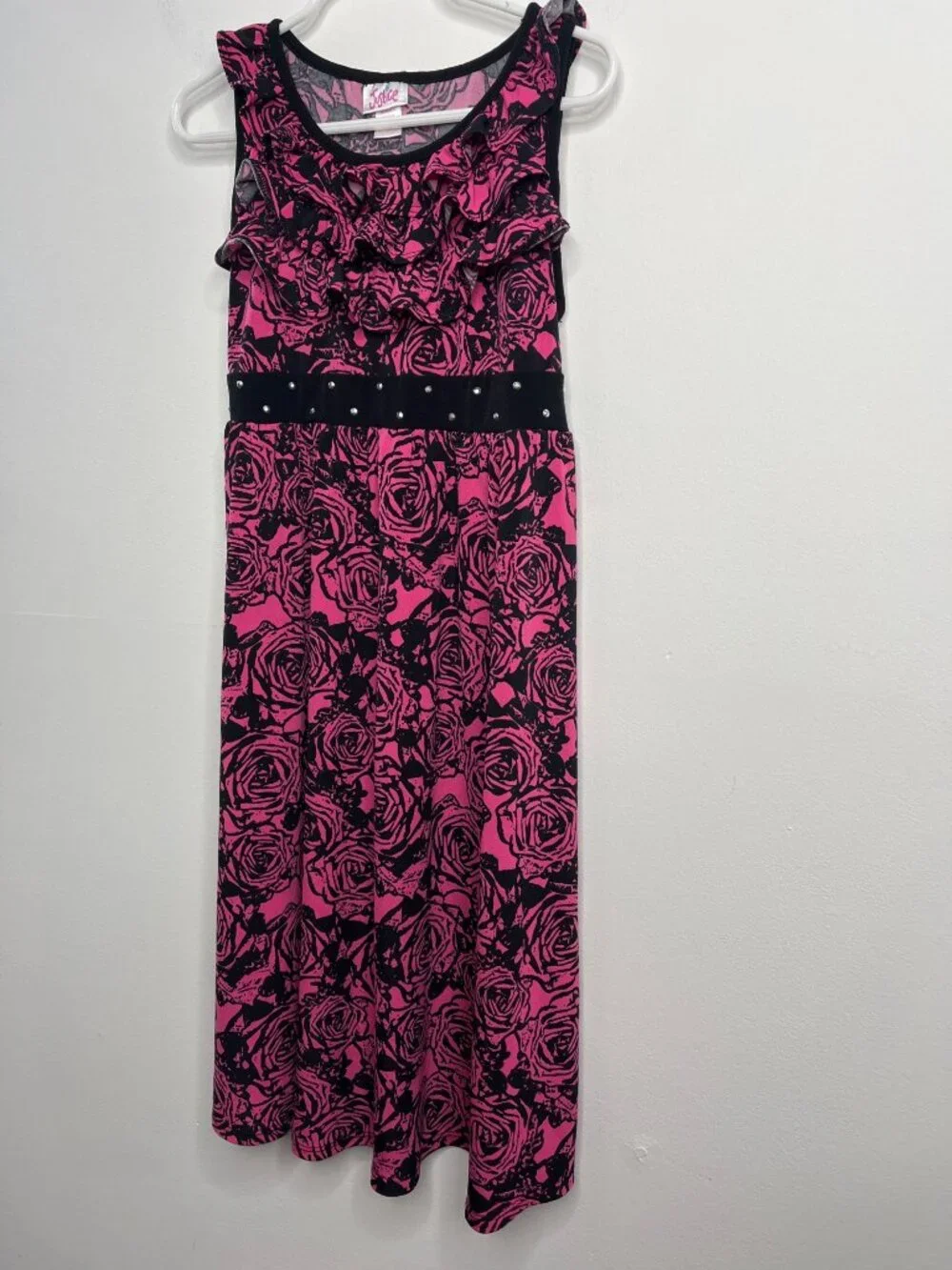 Justice Girls Size 12 Pink Black Floral Sleeveless Ruffle Dress